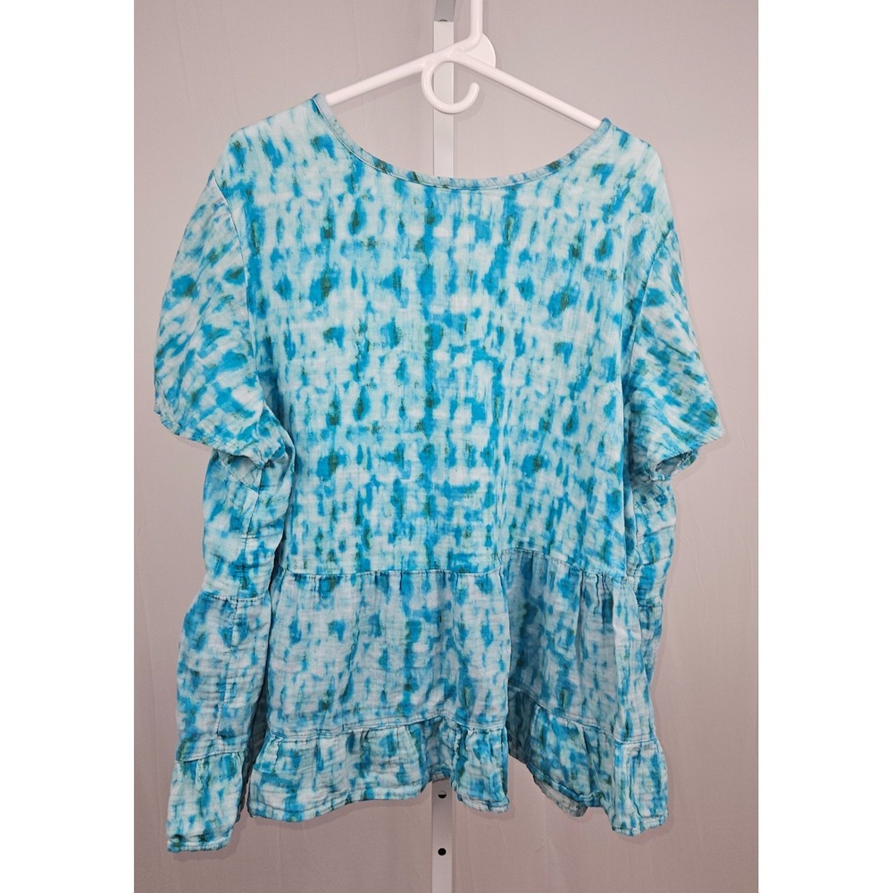 Terra & Sky Top Women's Size 3X Blue Tie Dye Short Sleeves Keyhole Neck Cotton